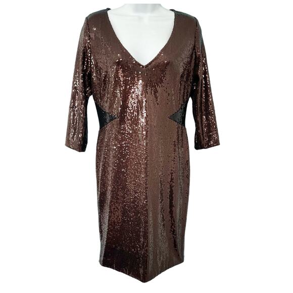 Jay Godfrey Chocolate Brown Black Colorblock Half Sleeve Sequin Mini Dress sz 8 - Picture 2 of 10